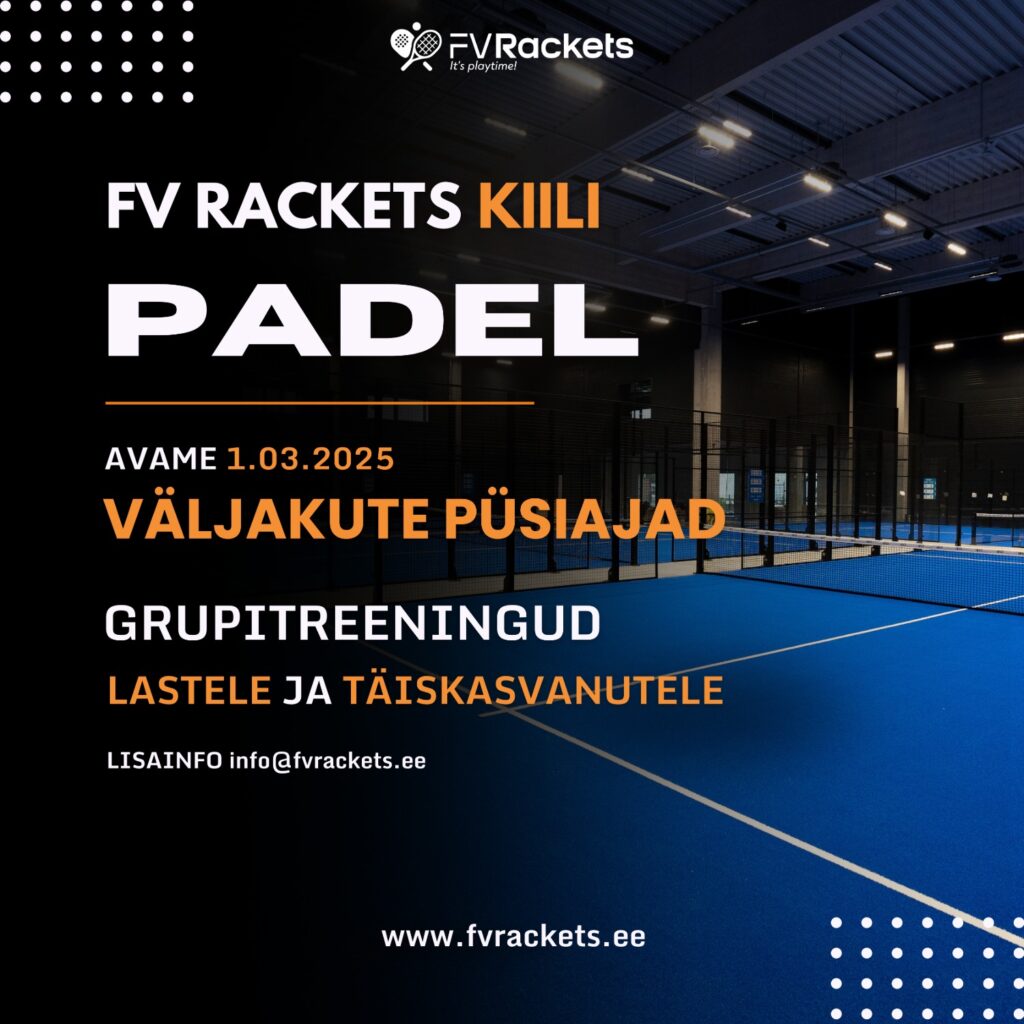 FV Rackets Kiili avab uksed - registreeri grupitreeningutele ja väljaku püsiaegadele.